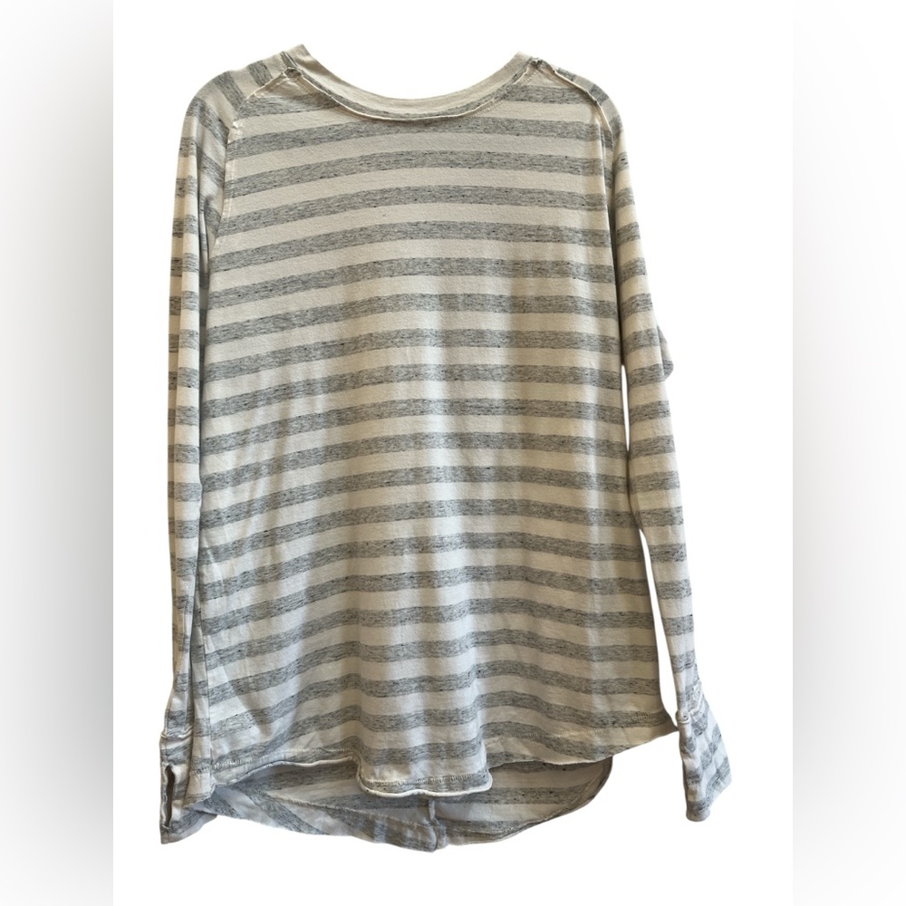 We The Free Striped Long Sleeve Tunic Top S Gray Cream Oversized Raw Hem - Picture 2 of 6